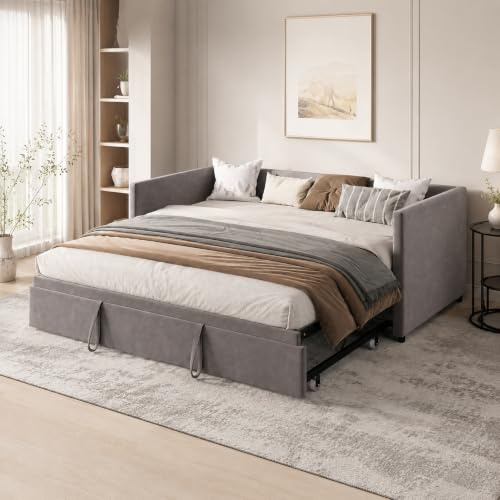Schlafsofa Ausziehbar 90/180x200cm,Gästebett Tagesbett mit Lattenrost,Grau | Schlafcouch Polsterbett für Schlafzimmer Wohnzimmer,Ausziehbar zum Doppelbett,für Kleine Räume,Multifunktionsbett,Samtstoff