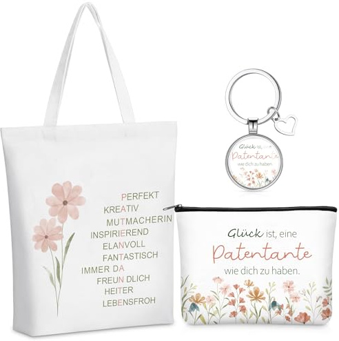 Hestya 3 Stück Patentante Geschenke für Fragen Danke Geburtstag Weihnachten | Stofftasche, Kosmetiktasche, Schlüsselanhänger, Beste Patentante Geschenk per Erntedankfest Neuesjahr