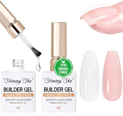 Shining She Builder Gel TPO-FREE HEMA-FREE, 2 Farben Nude Rosa Clear Aufbaugel für Gelnägel Soak-Off UV/LED UV Nagellack für Verlängerungsgel Verstärkungsgel Salon DIY Maniküre, 15ML