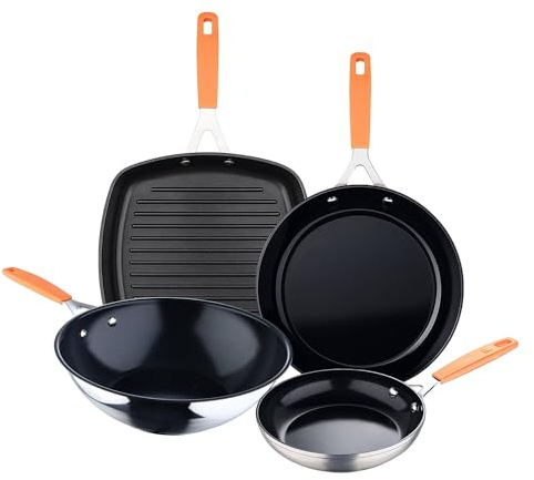 San Ignacio Compact - Juego de 2 Sartenes Ø16Ø28cm + Asador cuadrado 28x28cm + Wok Ø28cm en aluminio forjado para inducción COMPACT