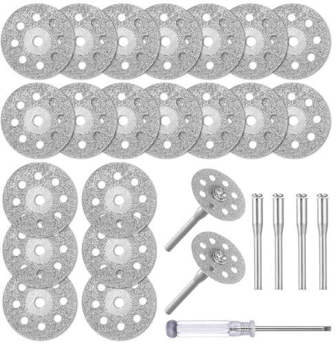 Disques diamantés 25 bits 22mm pour outils rotatifs - Set pour travail de précision avec le verre, le carrelage, la céramique, la pierre - Comprend 4 mandrins (3mm) et tournevis
