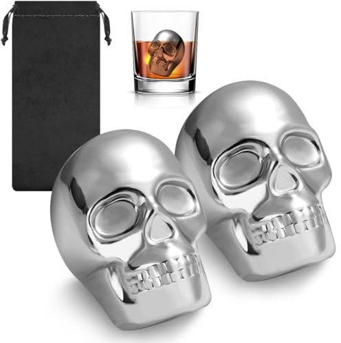 Skull Head Stainless Steel Ice Cubes Mold, Whisky Stones Stainless Steel, Set of 2 with Gift Bag, Skull Head Cooling Stones, Whiskey Stones Reusable, Bar Accessories, for Whisky, Gin, Rum, Tequila