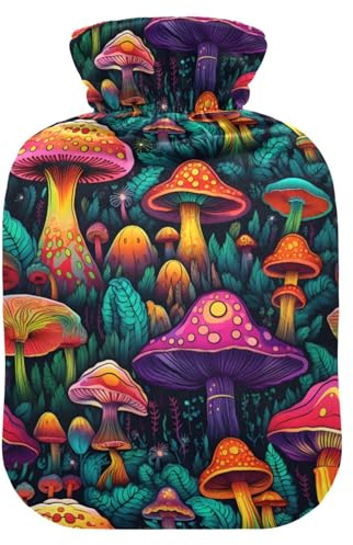 Magic Mushroom Print Hot Water Bottle with Velvet Cover Hot Water Bag for Pain Relief 1L, Neck Cramps Shoulders Pain Relief, Hot Cold Pack