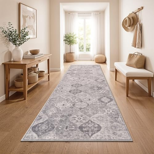 Paco Home Vintage Teppich Läufer Flur Waschbar & rutschfest, pflegeleicht, modernes Retro Design im Boho Stil, Grau 1, 80x300 cm