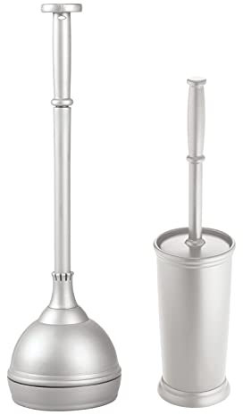 mDesign Hyde Collection WC-Saugglocke und WC-Bürste aus Kunststoff, modern, kompakt, für Badezimmer-Aufbewahrung, stabil, strapazierfähig, Tiefenreinigungszubehör, 2er-Set, Silber