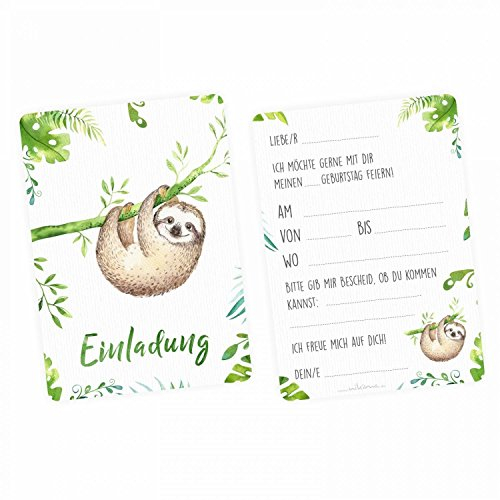 nikima Schönes für Kinder - 10 Einladungskarten Faultier Dschungel Grün inkl. 10 Transparenten Briefumschlägen Kinder Geburtstag Mädchen Junge Einladung Feier Aquarell