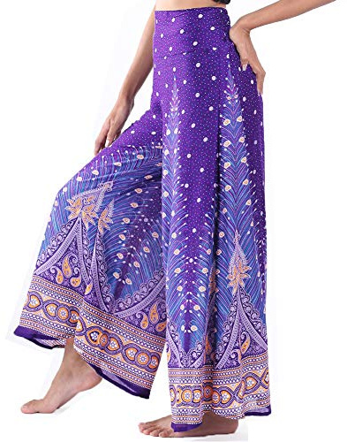 Lofbaz Femme Jambe Large Palazzo Pantalon Yoga Hippie Sarouel Fluide Pantalon - Peacock 1 Violet et Doré - M