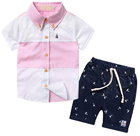 Nwada T-Shirt et Pantalon Court Garçon Vetement Ete Ensemble Chemise Hauts et Short Tenue Aanniversaire Costume Enfant ,2-3 ans,Rayé Rose