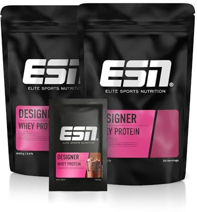 ESN Designer Whey Proteinpulver + Gratis Sample, Cookies and Cream, 2 x 1 kg, bis zu 23 g Protein pro Portion, ideal zum Muskelaufbau und -erhalt - made in Germany