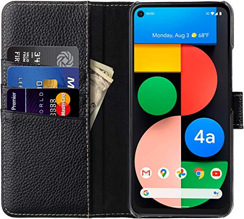 STILGUT Talis kompatibel mit Google Pixel 4a 5G Hülle mit Kartenfach aus Leder, Flip Cover, Wallet Case, Lederhülle mit Fächern, Standfunktion & Verschluss - Schwarz