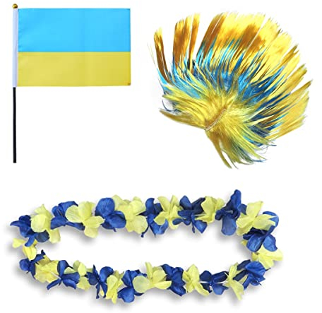 Sonia Originelli Fanset Fanartikel Fahne Perücke Blumenkette Hawaiikette WM EM Farbe: Ukraine Iro