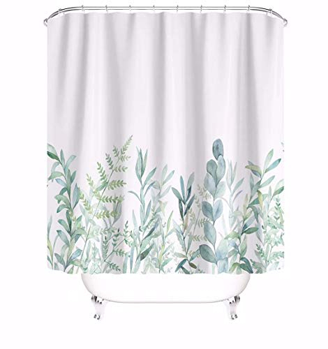 M&W DAS DESIGN Duschvorhang grüne Blätter Blumen Pflanzen Badezimmer Textil Vorhang mit Antischimmel Effekt waschbar Shower Curtain badewanne inkl. 12 C-Ringe mit Gewicht unten 240x200cm(BxH)