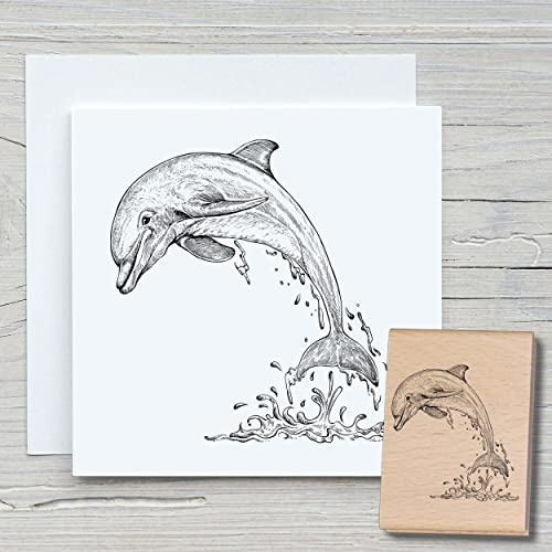 NEWSTAMPS Stempel Delfin Motivstempel groß aus Holz & Gummi zum Karten basteln, Holzstempel, Tiere, Tierstempel, Scrapbook, Textilstempel, Deko, Kinder