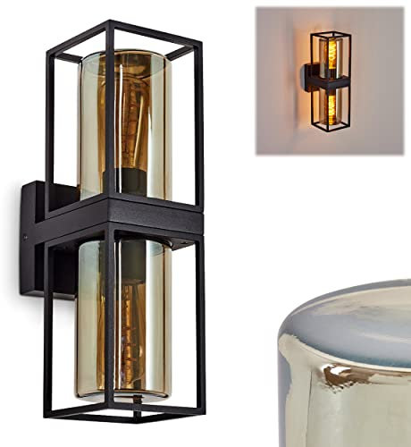 Außenwandleuchte Palanga, Wandlampe aus Metall in Schwarz und 4 Gläsern (Rauchfarben/Klar, 22 cm), 2-flammig, Industrial Style Außenlampe mit Lichteffekt an der Wand, 2 x E27, IP44,ohne Leuchtmittel