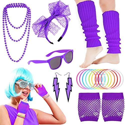 Carreuty 19 Stück Damen-Accessoires im 80er-Jahre-Stil, lila 80er-Jahre-Kostüm für Damen, mit Lightning-Ohrringen, Halskette, Fischnetz-Handschuhen, Stirnband für Retro-Partys