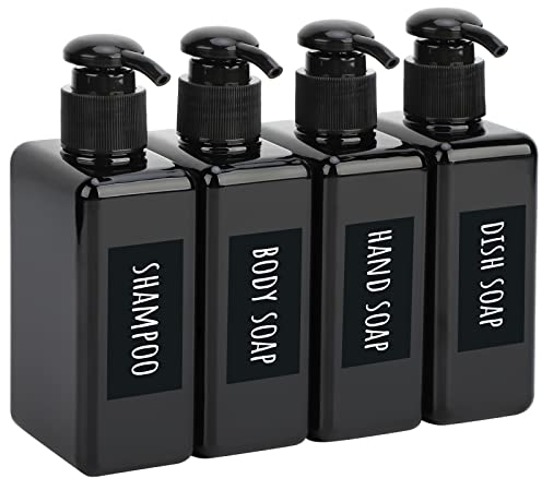 Segbeauty Lotion Dispenser Quadratisch, 4 Stück 200ml Schwarz Seifenspender Set mit Handgeschriebene Etiketten für Shampoo Duschgel Soap Flüssigseife, Nachfüllbar Kunststoff Pumpflaschen für Küche Bad