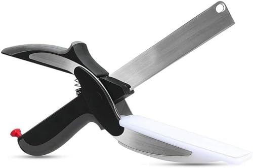 Clever Food Cutter - Ergonomic 2 in 1, Sharp Steel Scissor Blade Knife, Chop Board Base, ABS Non-Slip Handle, Cut, Slice, Shred, Vegetable, Fruits, Salad, Safety Lock, Weak Fingers, Elderly, Arthritis