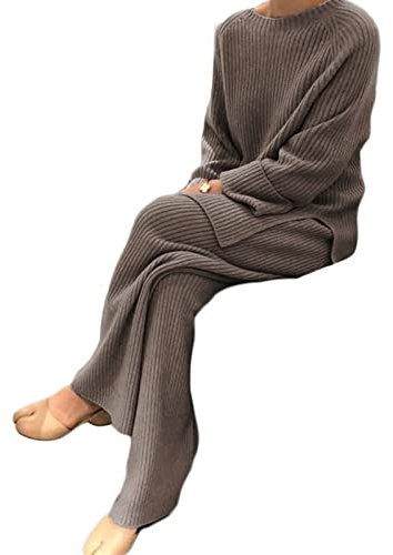 Sawmew Completo da Donna in Maglia a 2 Pezzi Realizzato in Maglione Lavorato a Maglia a Maniche Lunghe e Pantaloni da Jogging Lunghi in Due Pezzi Completo Casual Tuta (Color : Camel, Size : XL)
