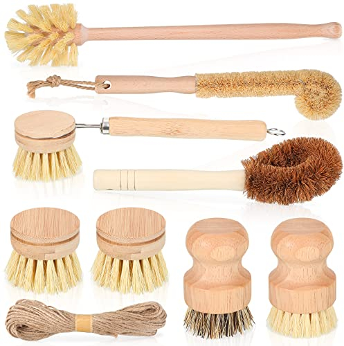 8 Pcs Bamboo Dish Brush Dish Washing Scrub Bottle Brush Wooden Palm Pot Brush Cleaning Scrubbers with Natural Sisal Bristles Long Handle for Pots Pans, Bottle, Sink, Vegetables, Household Cleaning