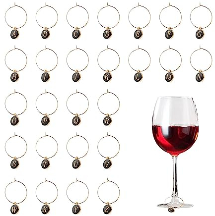 Jagowa 26Pcs Wine Charms, Letters Glass Charms Markers Tags for Wine Drink Markers Decorations Party Favors (Black)