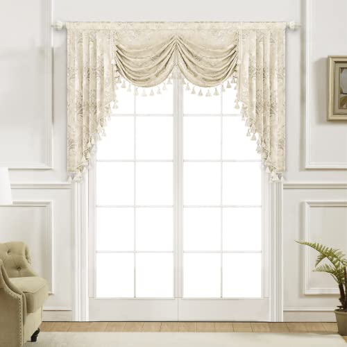TOPLUXE Swag Volant Vorhang für Schlafzimmer Esszimmer Wohnzimmer Küche, Damast Kurzstore Waterfall Volant-Vorhang für Fenster (Breite 150cm, Beige)