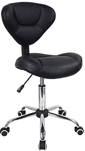 WKWKER Taburete Ergonómico Rodante con Cojín Grueso PU Cuero Altura Ajustable Taburete Giratorio para Trabajo SPA Salón Tatuaje con Respaldo (Negro)