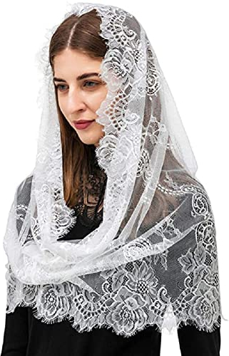 FakeFace Hochzeit Brautschleier, Spitzenschleier Kopfbedeckung Schal, Katholische Mantilla Kirche Schleier Muslimisches Kopftuch, für Braut Kirche Halloween Cosplay Party, 150cm (Weiß-60cm lang)
