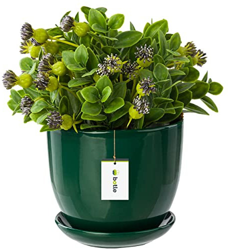 botle Vaso per piante in ceramica, dipinto a mano, diametro 160 mm, verde, in ceramica, con sottovaso, foro di scarico dell'acqua