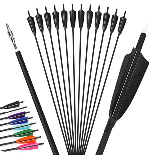 12Pcs 4inch Türkei Feder gemischt Carbon Pfeil 500 Spine Bogenschießen Jagdpfeile Anzug für Compound/Recurve Bogen Ziel Praxis Pfeil (schwarz, 28 Zoll)