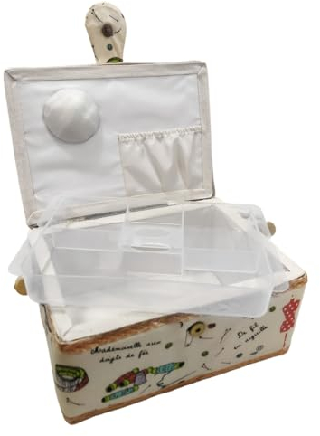Medium leerer Nähkasten aus Holz, mit Stoff ausgekleidet, mit 4 Fächern, Organizer mit Nadelhalter, Aufbewahrungsbox mit Griff, Zubehörablage (Medium, Herz)