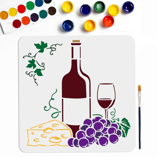 MAYJOYDIY Wine Grape Cheese Stencil 30×30cm Large Red Wine Bottles and Glasses Stencils with Paint Brush Reusable Grape Leaf Vine Drawing Template for Craft Furniture Fabric Wall