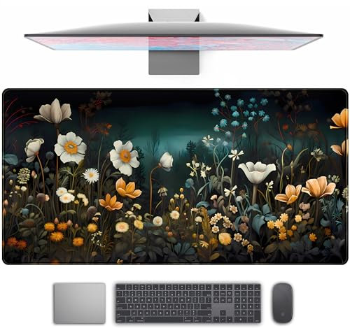 Dark Floral Desk Mat Mouse Pad, Cute Vintage Wildflower Mousepad Desk Pad Extended XXL Large Gaming Keyboard Mat Anime Flower Mouse Mat, Plant Deskpad Women Office Desk Decor Deskmat 31.5x15.7 in