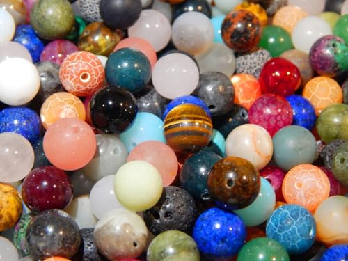 Perlin Edelstein Mix Perlen Rund Set Lava, Quarz, Aventurin, Amazonit, Amethyst, Jade, Mondstein, Jaspis, Türkis, Tigerauge, Lapislazuli (10mm 40 Stück)