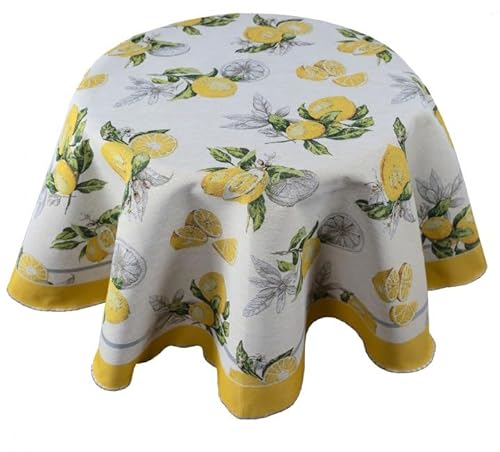 Raebel OHG Tischdecke Mitteldecke Tafeltuch rund 145 cm gelb Natur Zitronen Gobelin Baumwollmischung