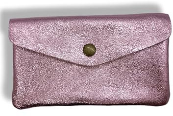 Porte-Monnaie Femme en Cuir Véritable Irisé, 15 cm x 8 cm, 3 Compartiments avec Fermeture Zippée, Protecteur RFID, Fabrication Italienne (Rose Perle)