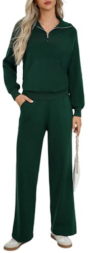 Totatuit Damen Weich Hausanzug Jogginganzug Set Lang Sport Hosenanzug Trainingsanzug Elegant Freizeitanzug halbem Reißverschluss Tracksuits Grün Large
