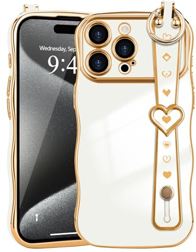 LLZ.COQUE for iPhone 15 Pro Max Case Love-Heart Wrist Strap Wave Frame | Hand Strap Stand, Plating Heart for Women Cover, Raised Camera Protection, Anti-fall Shockproof TPU Phone Case, White