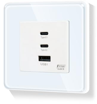 LIAONFOY Enchufe de pared redondo de carga superrápida, 86 mm, 100-240 V, compatible con iPhone, iPad, dispositivo Android, velocidad de carga máxima: 65 W, para tipo C, 20 W, para USB, color blanco