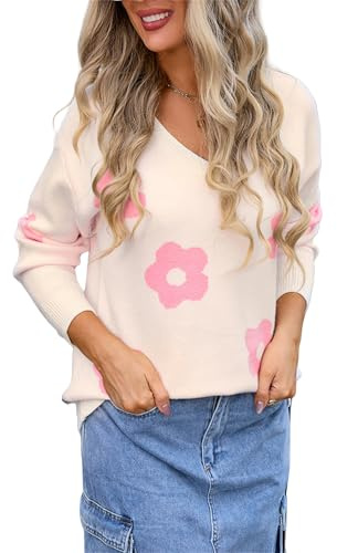 HEYPORK Damen Herbst Winter Warm Bequem Pullover Casual Mode Strickjacke Strickpullover Frauen Blume Colour Blocking Rundhals Peplum Strickpullover
