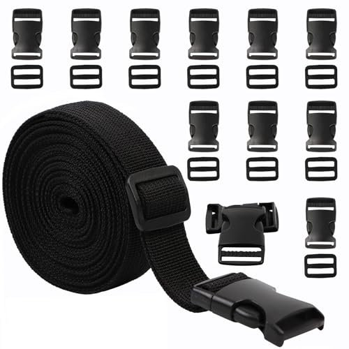 5M Nylon Gurtband,2,5 cm strapazierfähiges Gurtband,mit 10 Paar Schnallen,Side Release Schnallen Clips,Strapazierfähiges Gurtband und Side Release Schnallen Clips für DIY Handwerk Rucksack