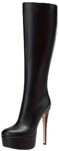 Feinlina Stivali da donna in pelle nera con plateau e tacco al ginocchio, sexy tacco a spillo, Nero , 41 EU