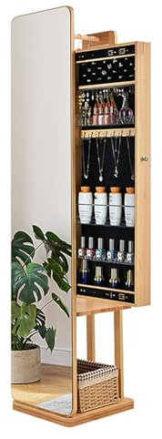 SanzIa Armoire à Bijoux avec Miroir HD Miroir sur Pied avec Armoire à Bijoux Coulissante, Étagères de Rangement pour Porte-Manteau à L'arrière, Pivotant à 360(Natural)