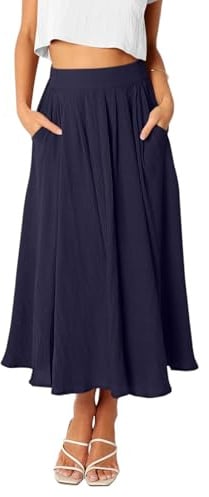 REORIA Damen Maxi Faltenrock Hohe Taille A-Linien Rock Midiröcke Eleganter Langer Rock mit elastischem Bund und Taschen Marineblau XXL