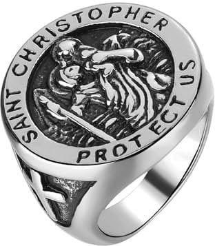 GAUEIOUR Signet Ring for Men with Saint Christopher,Saint Christopher Protect US Statement Bands,Gothic Sliver Ring Amulet Jewellery Gift,Titanium Steel Ring,Szie 8(Silver)