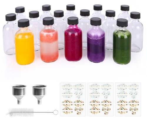 EkkoVla 16 Pack 60 ml Glass Shot Bottles with Caps - Clear Portable Ginger Shot Bottle - Mini Travel Essential Bottles for Juice, Sample, Whiskey