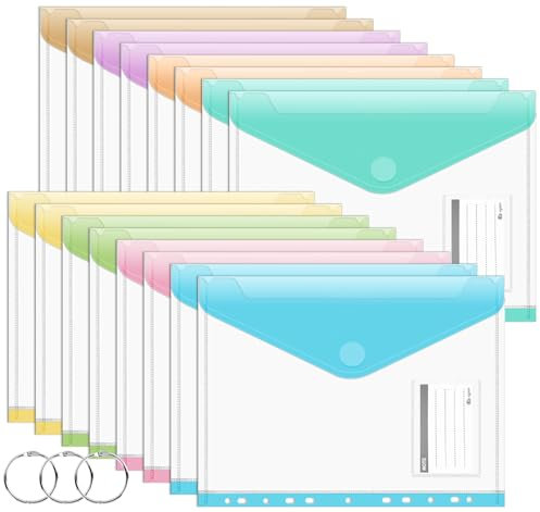 Agoer Lot de 16 pochettes perforées en plastique A4 + avec pochettes perforées, 8 pochettes assorties pour documents, dossiers à 11 trous avec fermeture Velcro pour la maison, le bureau et l'école