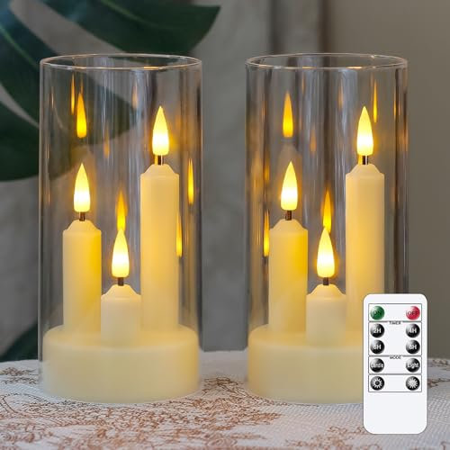 Zevanor 3 in 1 Flameless Taper Short Candles with 10 Key Remote Control and Timer, Battery Operated Pack of 2 LED Acrylic 7.5cm x15cm Ivory Pillar Flickering Warm Light