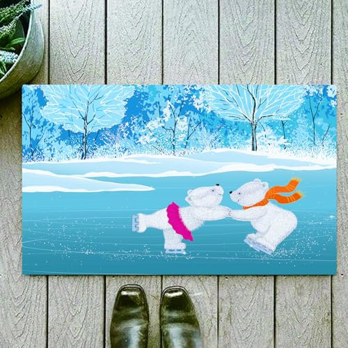 OHJEAJDS Badezimmerteppich rutschfest Badematte 60 x100 cm,Badteppich Saugfähig Weich Maschinenwaschbar für Badezimmer,Cartoon, Kleine Eisbären Laufen Schlittschuh auf dem zugefrorenen See Love Partn