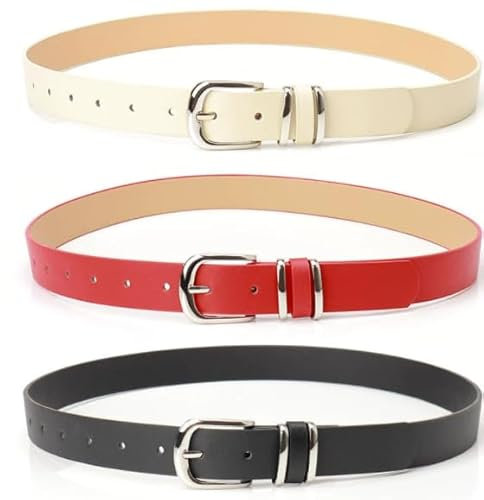 Jortmrd 3 Stück Damen Gürtel Leder Damengürtel Ledergürtel mit Metallschnalle Mode Taille Gürtel für Frauen Jeans Hosen Kleider (Schwarz, Braun, Beige) (Version B)