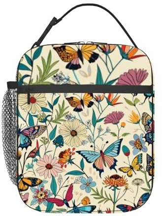 Freigeistige Schmetterlinge und Vögel zwischen Wildblumen. Generative isolierte Lunchtasche für Männer und Frauen. Große, tragbare, wasserdichte, wiederverwendbare Thermo-Lunchbox mit Taschen für Arbe